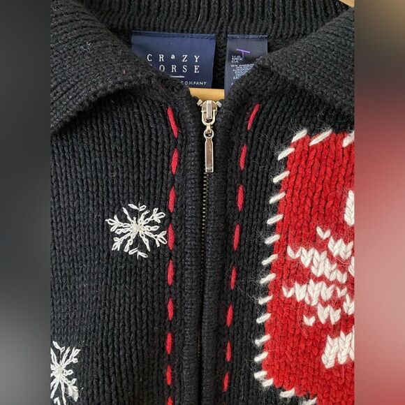 Crazy Horse Women's Christmas Full Zip Cardigan Sweater Black Size S - Picture 2 of 8